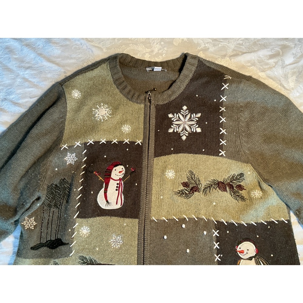 Croft & Barrow Snowman Patchwork Cardigan Womens 2X Green Zip Up Good condition